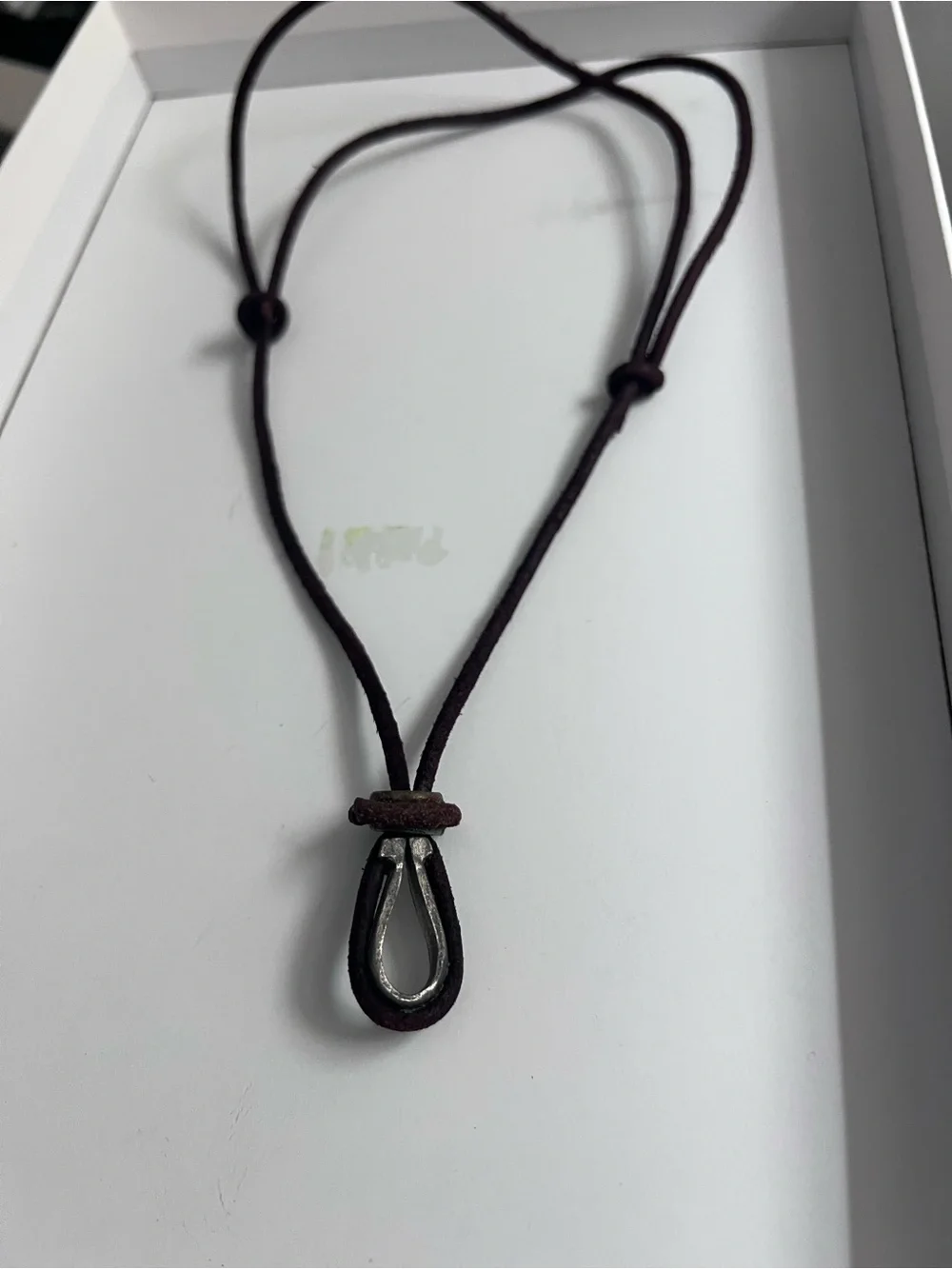Vintage Boho Brown Leather Cord Necklace with Metal Teardrop Pendant